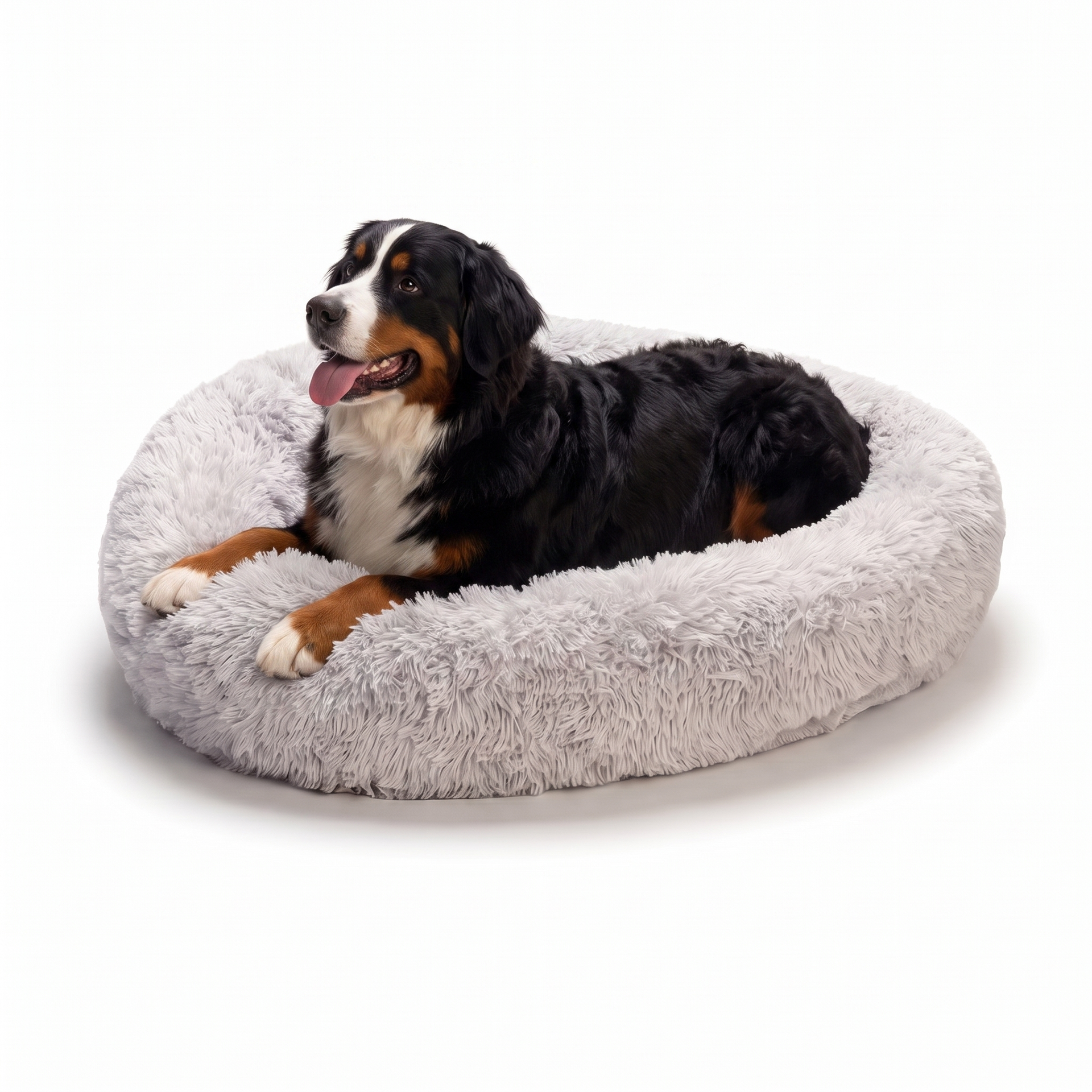 Berner Sennenhond ligt in donut hondenmand