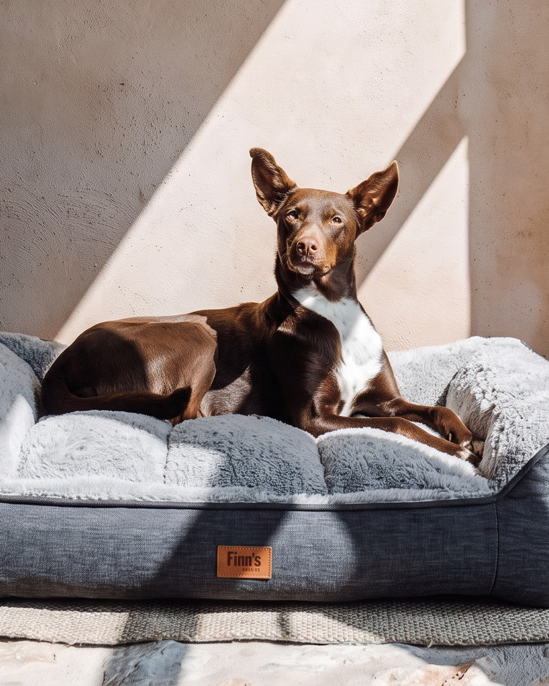 Hond in Finn's Friends mand tegen een zonnige muur
