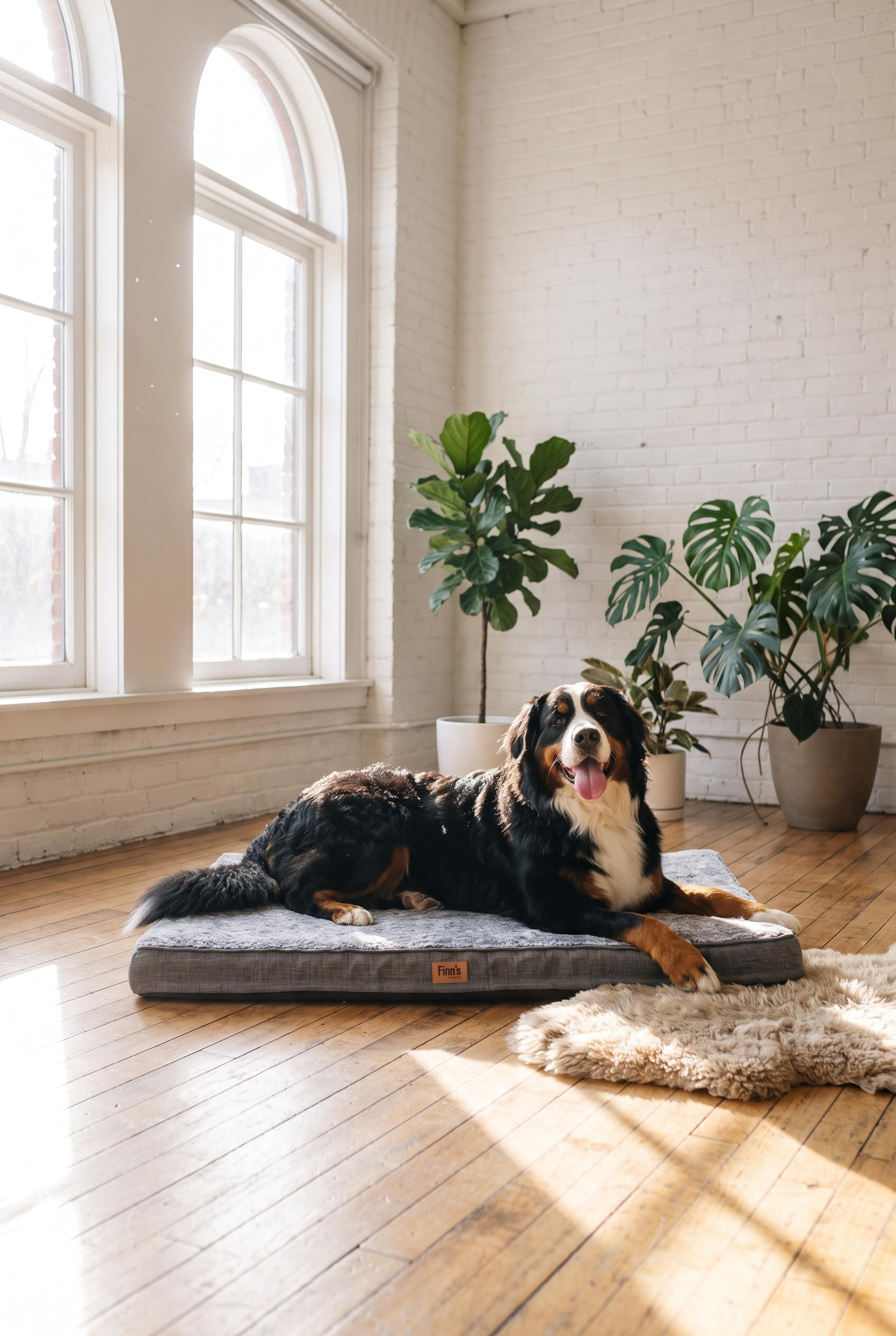 Grote hond op ruime hondenmand, categoriefoto grote honden